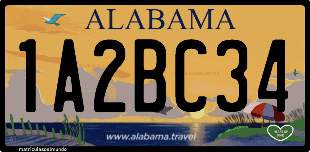 matricula de Alabama de coche actual 1A2BC34 con paisaje atardecer amarilo