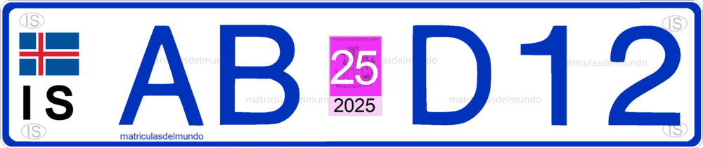 Matrícula de coche de Islandia actual ABD12 con pegatina de inspección técnica de 2025 rosa