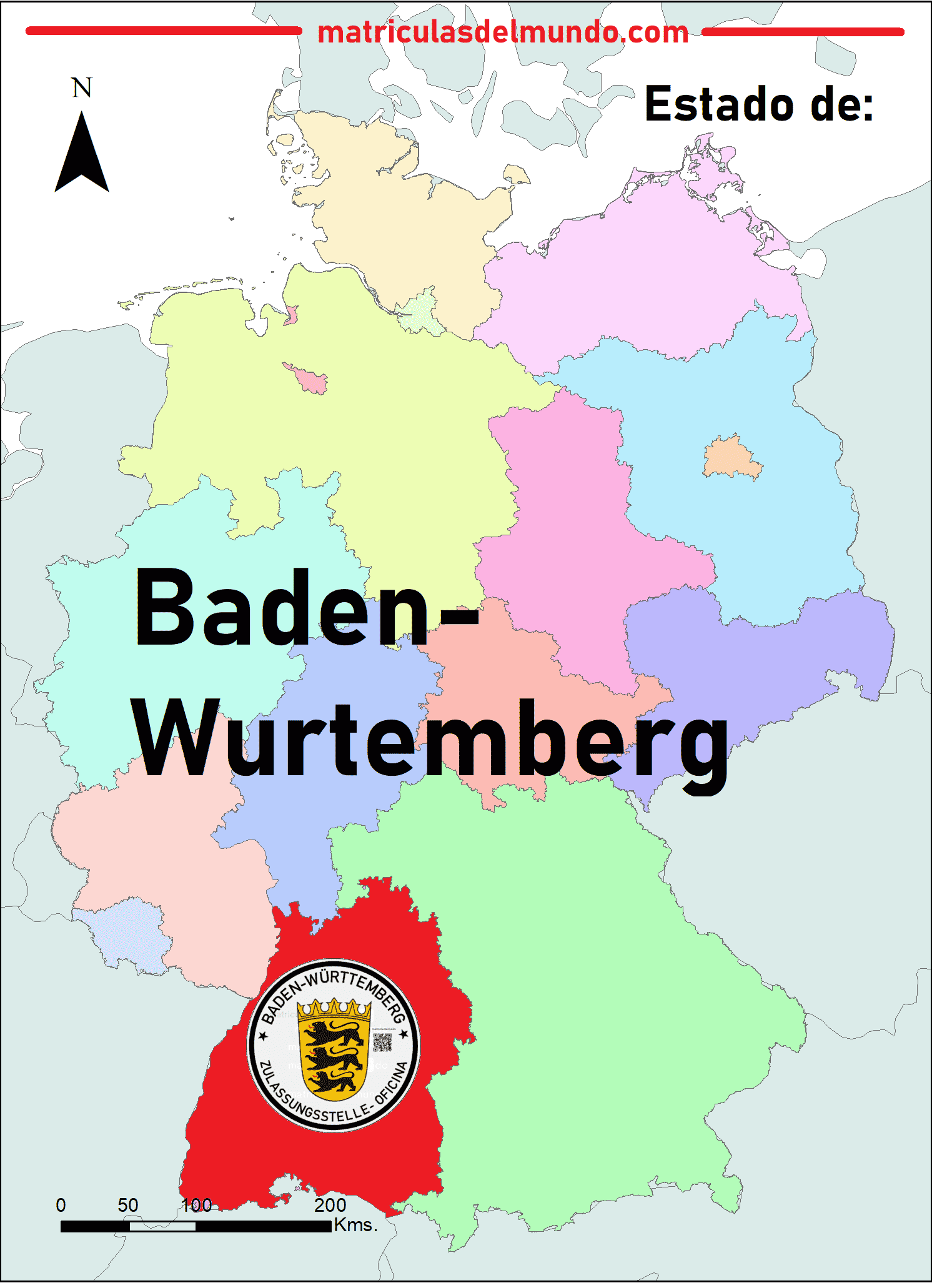 Standort des Bundeslandes Baden-Wurtemberg und das verwendete Siegel auf deutschen Nummernschildern Kartenbild von Baden-Wurtemberg