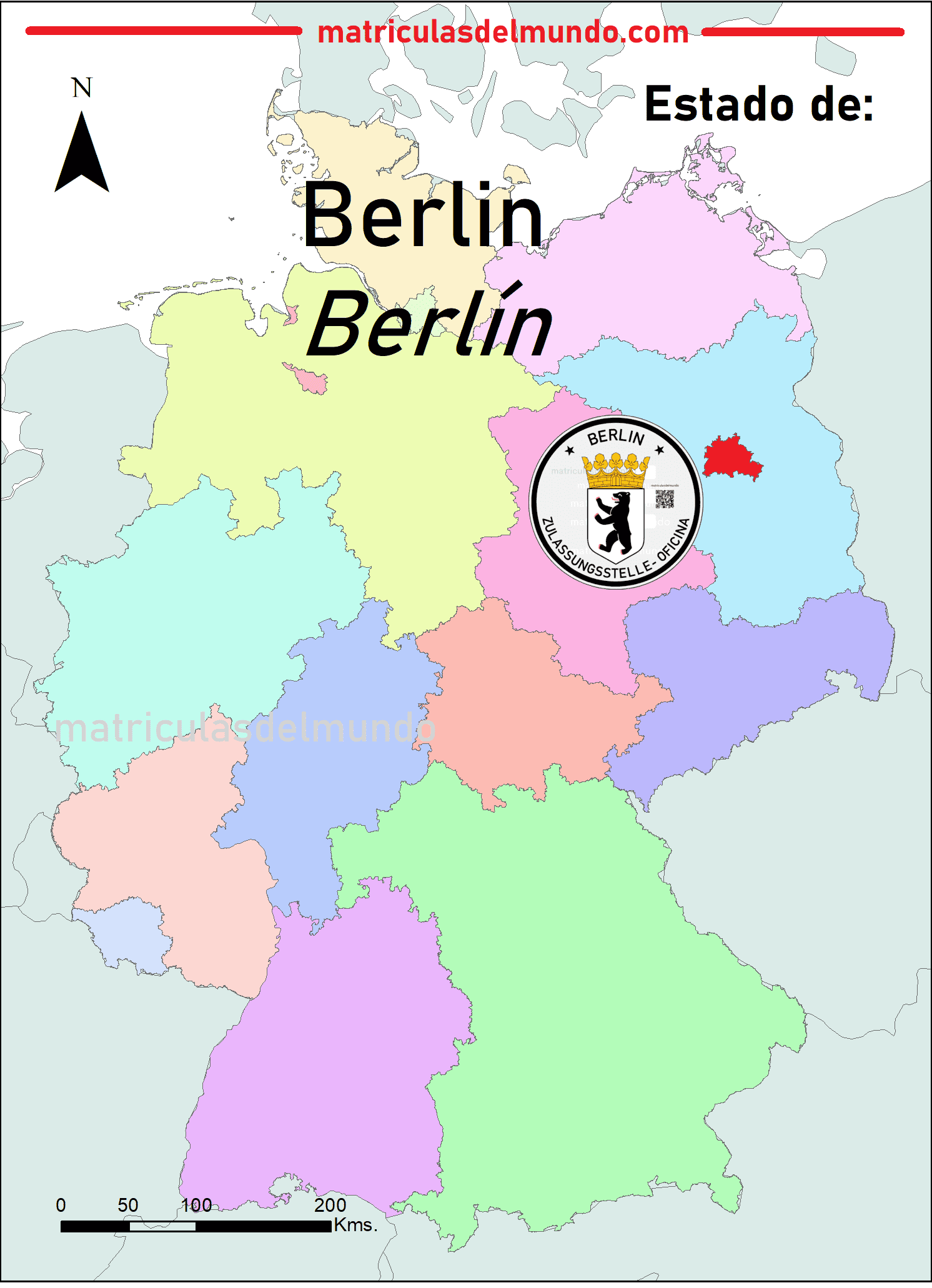Standort des Bundeslandes Berlín und das verwendete Siegel auf deutschen Nummernschildern Kartenbild von Berlín