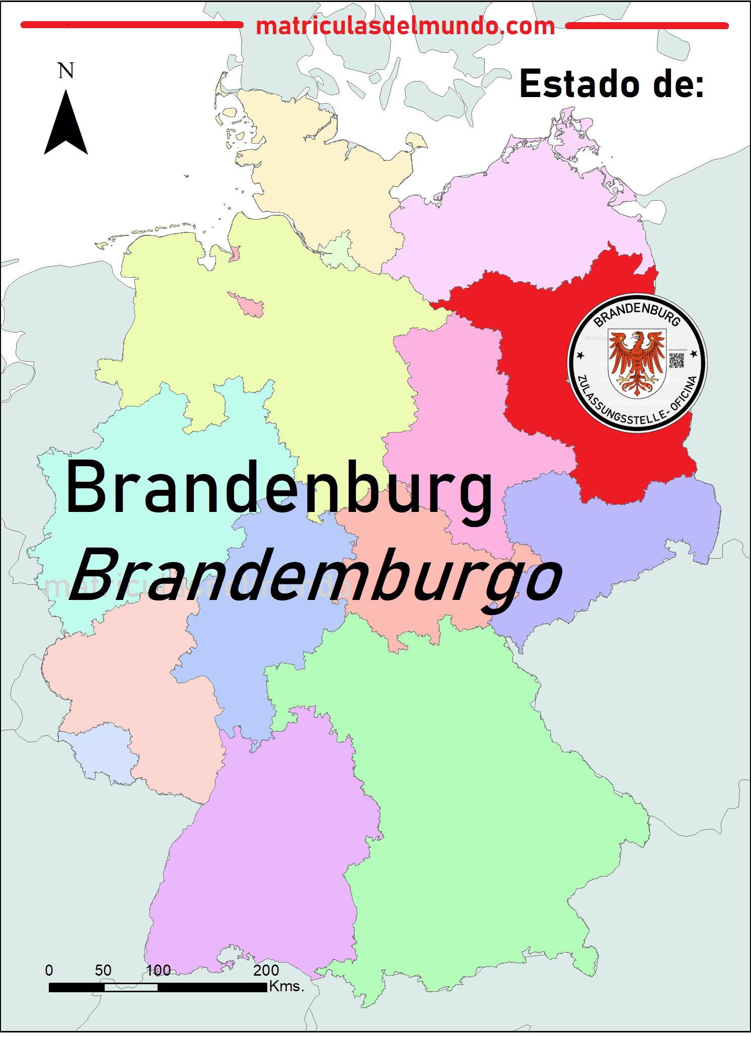 Standort des Bundeslandes Brandenburgo und das verwendete Siegel auf deutschen Nummernschildern Kartenbild von Brandenburgo