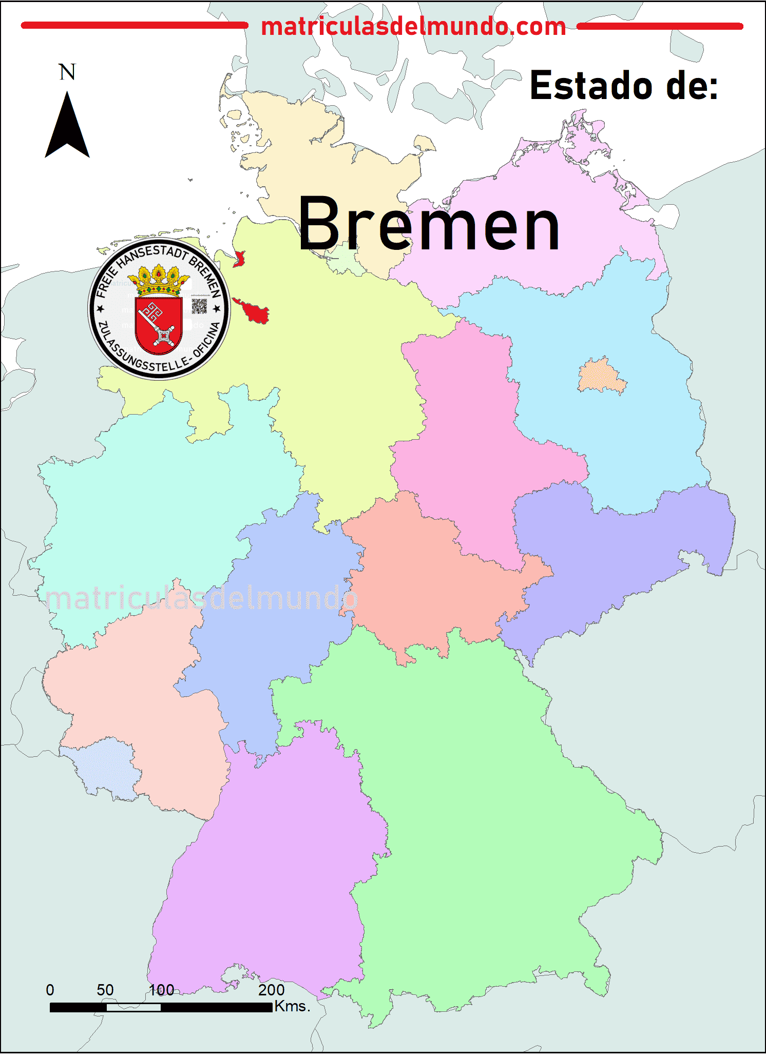 Standort des Bundeslandes Bremen und das verwendete Siegel auf deutschen Nummernschildern Kartenbild von Bremen