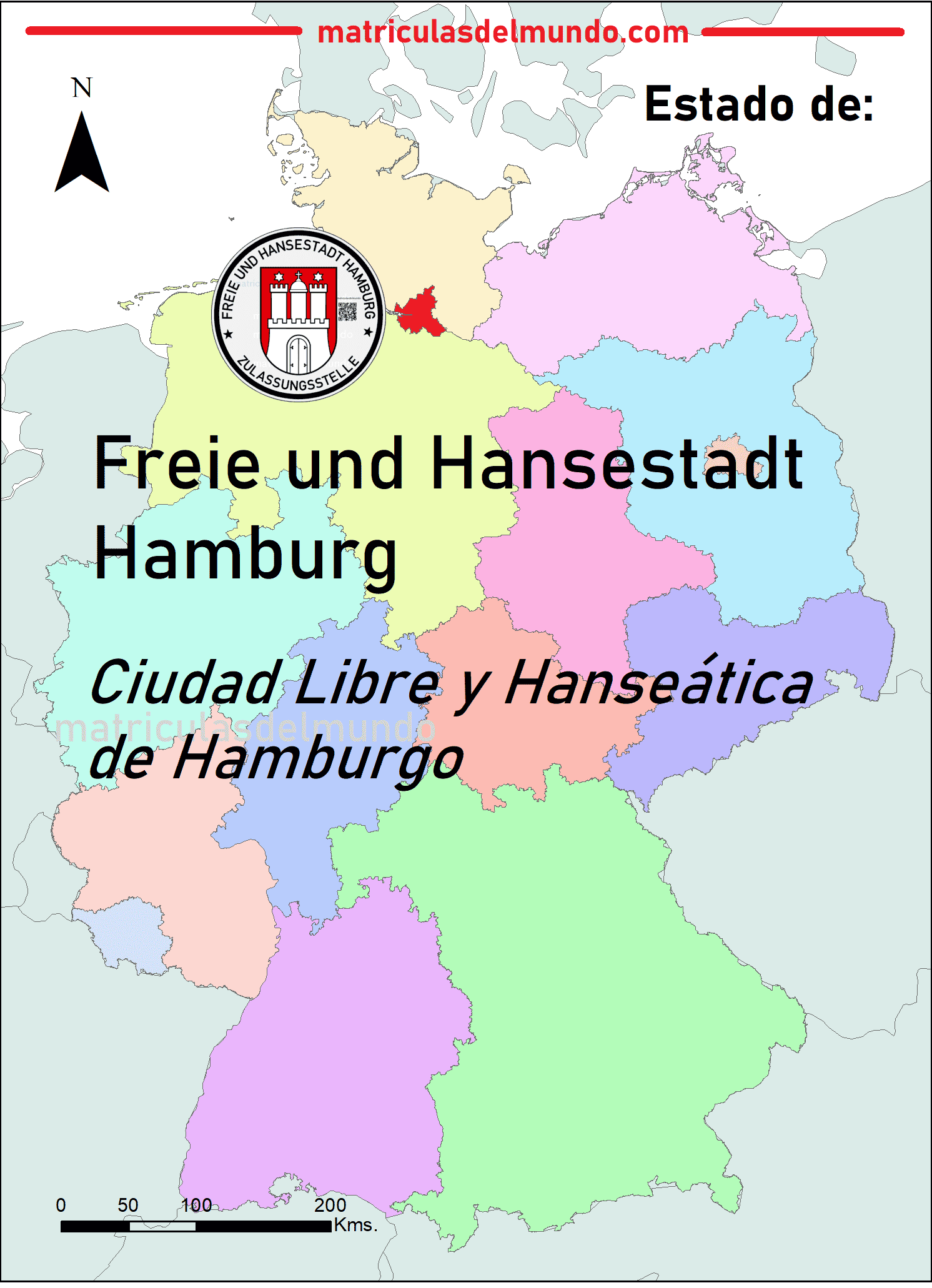 Standort des Bundeslandes Hamburgo und das verwendete Siegel auf deutschen Nummernschildern Kartenbild von Hamburgo