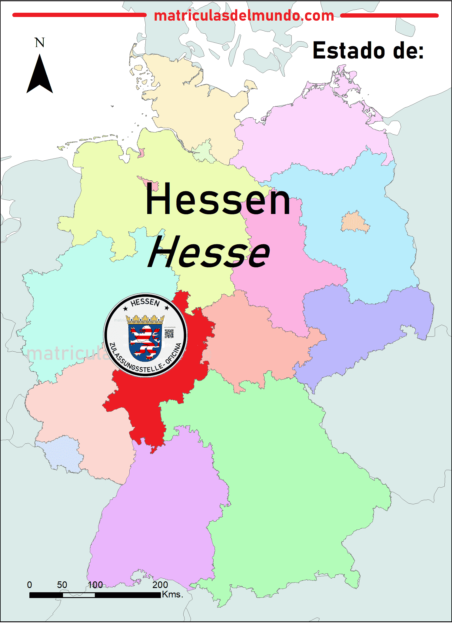 Standort des Bundeslandes Hesse und das verwendete Siegel auf deutschen Nummernschildern Kartenbild von Hesse