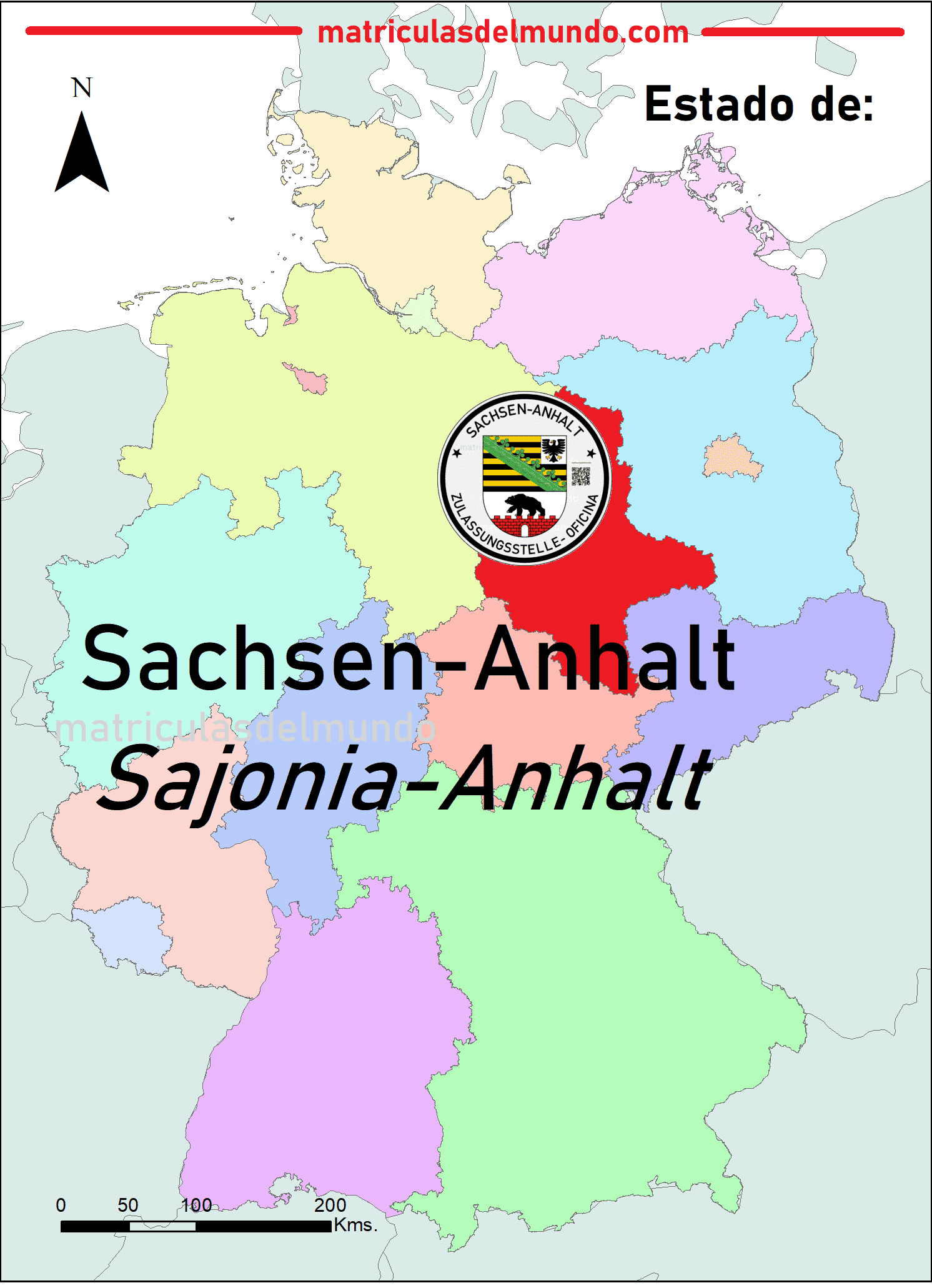 Standort des Bundeslandes Sajonia-Anhalt und das verwendete Siegel auf deutschen Nummernschildern Kartenbild von Sajonia-Anhalt