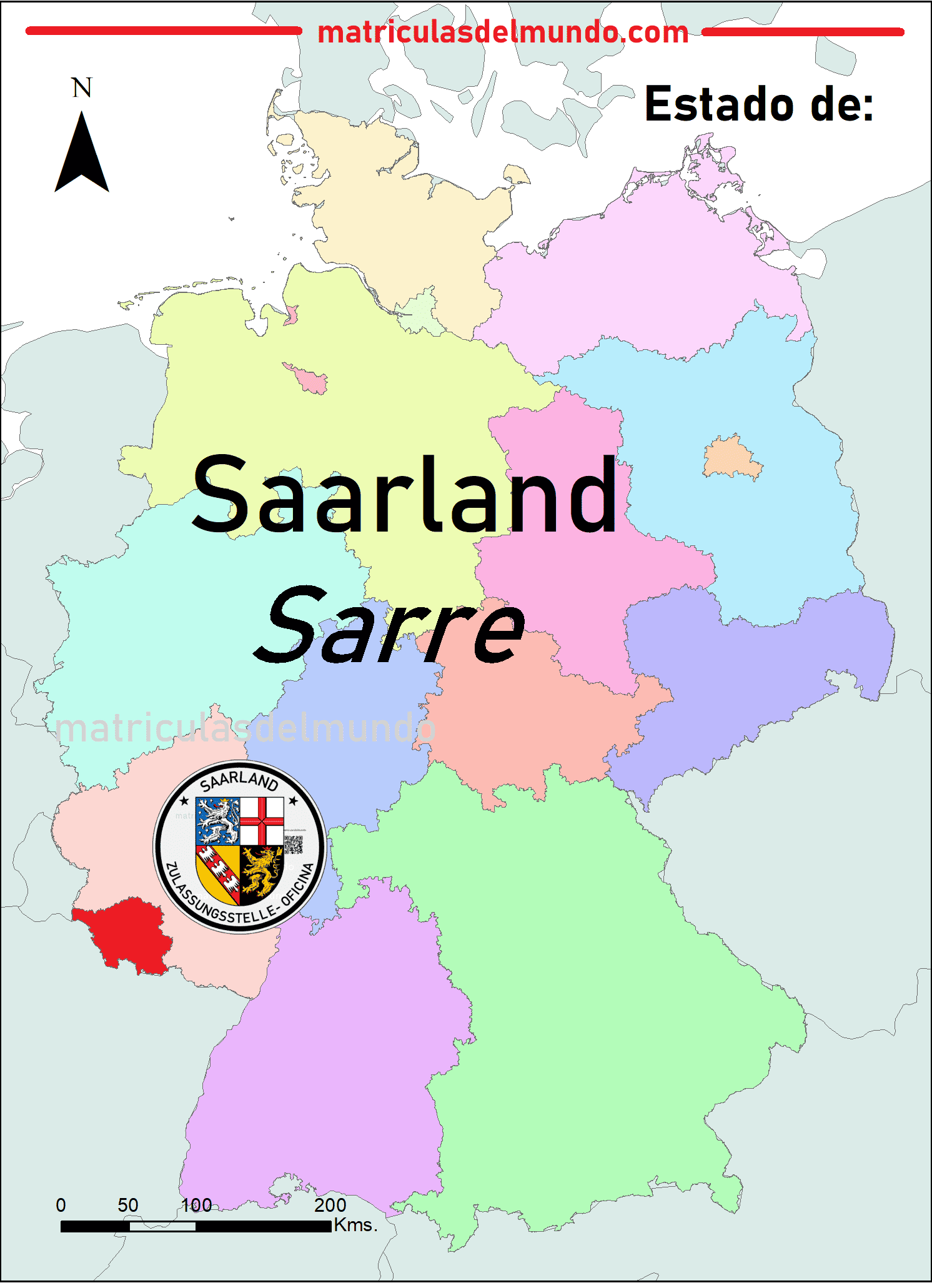 Standort des Bundeslandes Sarre und das verwendete Siegel auf deutschen Nummernschildern Kartenbild von Sarre