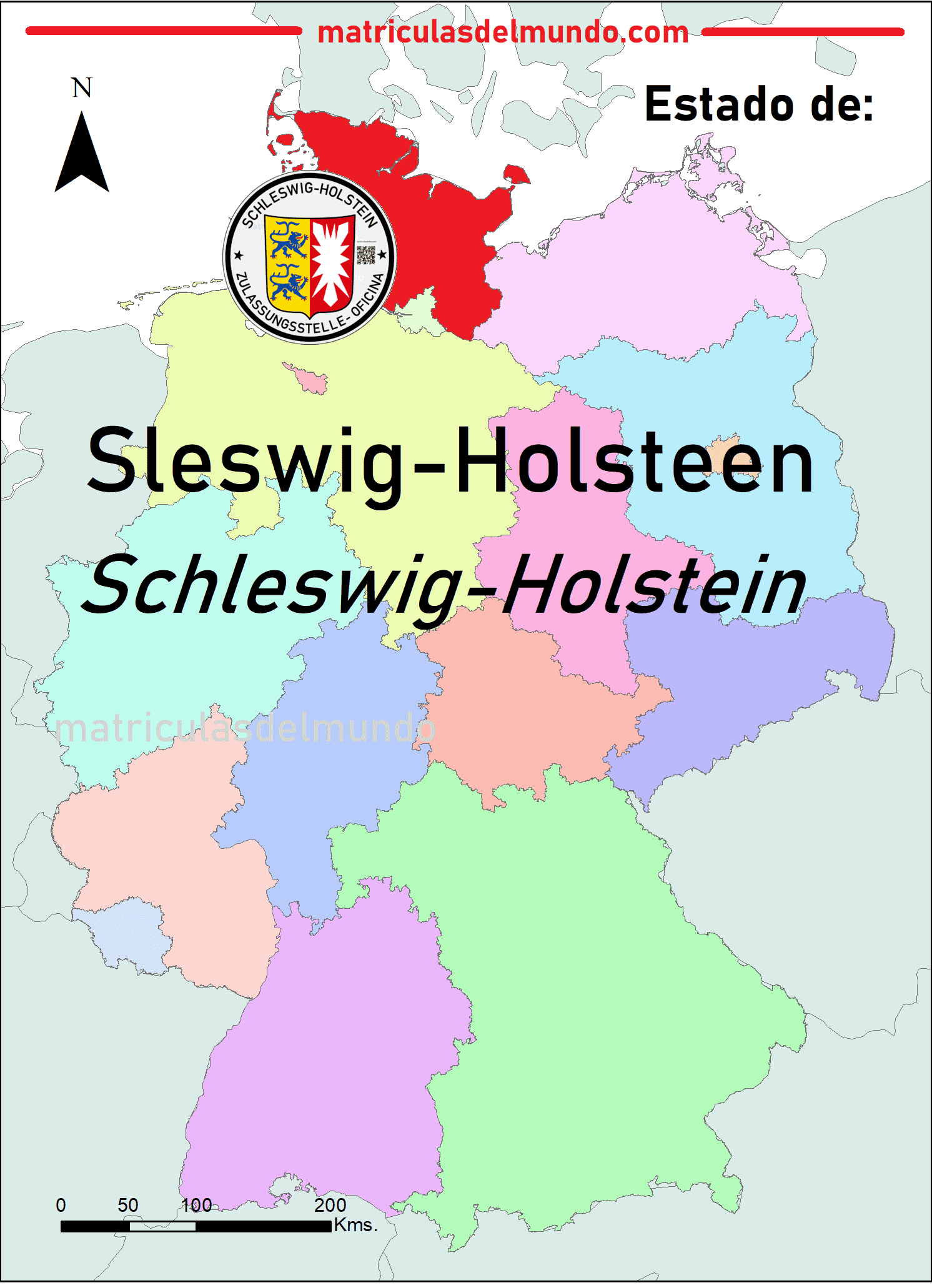 Standort des Bundeslandes Schleswig-Holstein und das verwendete Siegel auf deutschen Nummernschildern Kartenbild von Schleswig-Holstein
