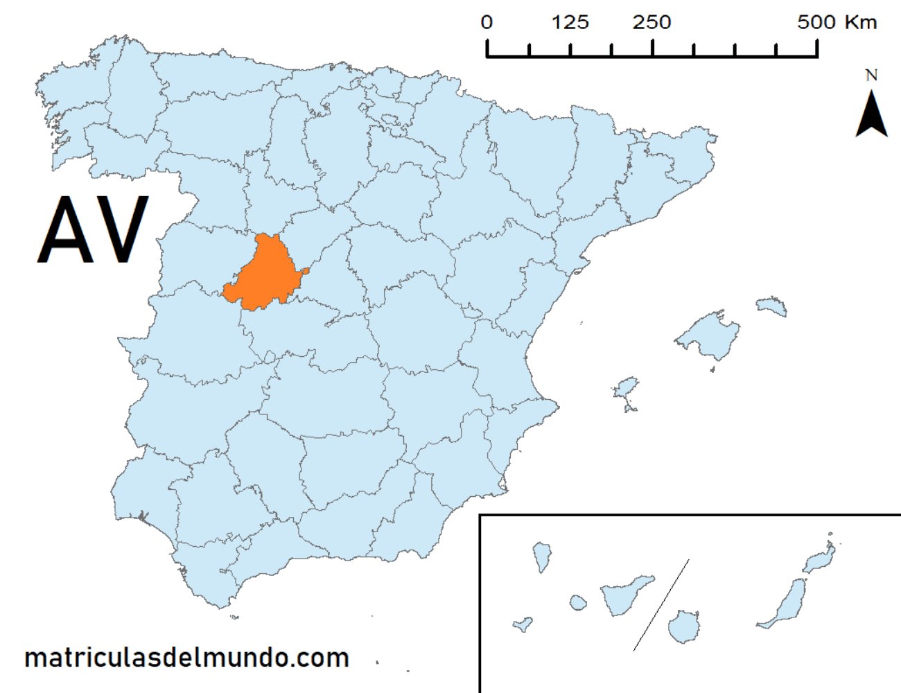 Mapa de la provincia de Ávila señalada en naranja