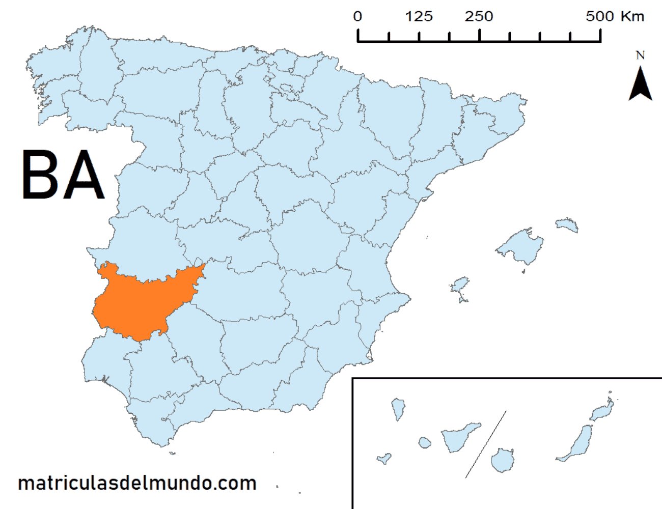 Mapa de la provincia de Badajoz señalada en naranja