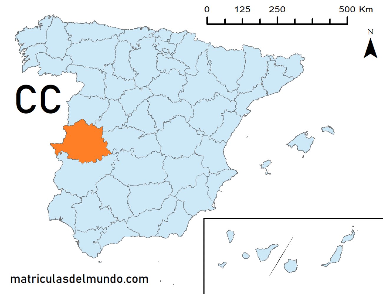 Mapa de la provincia de Cáceres señalada en naranja
