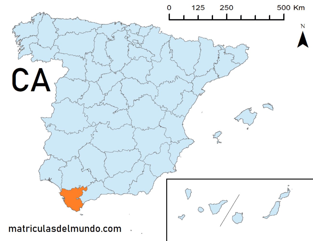 Mapa de la provincia de Cádiz señalada en naranja