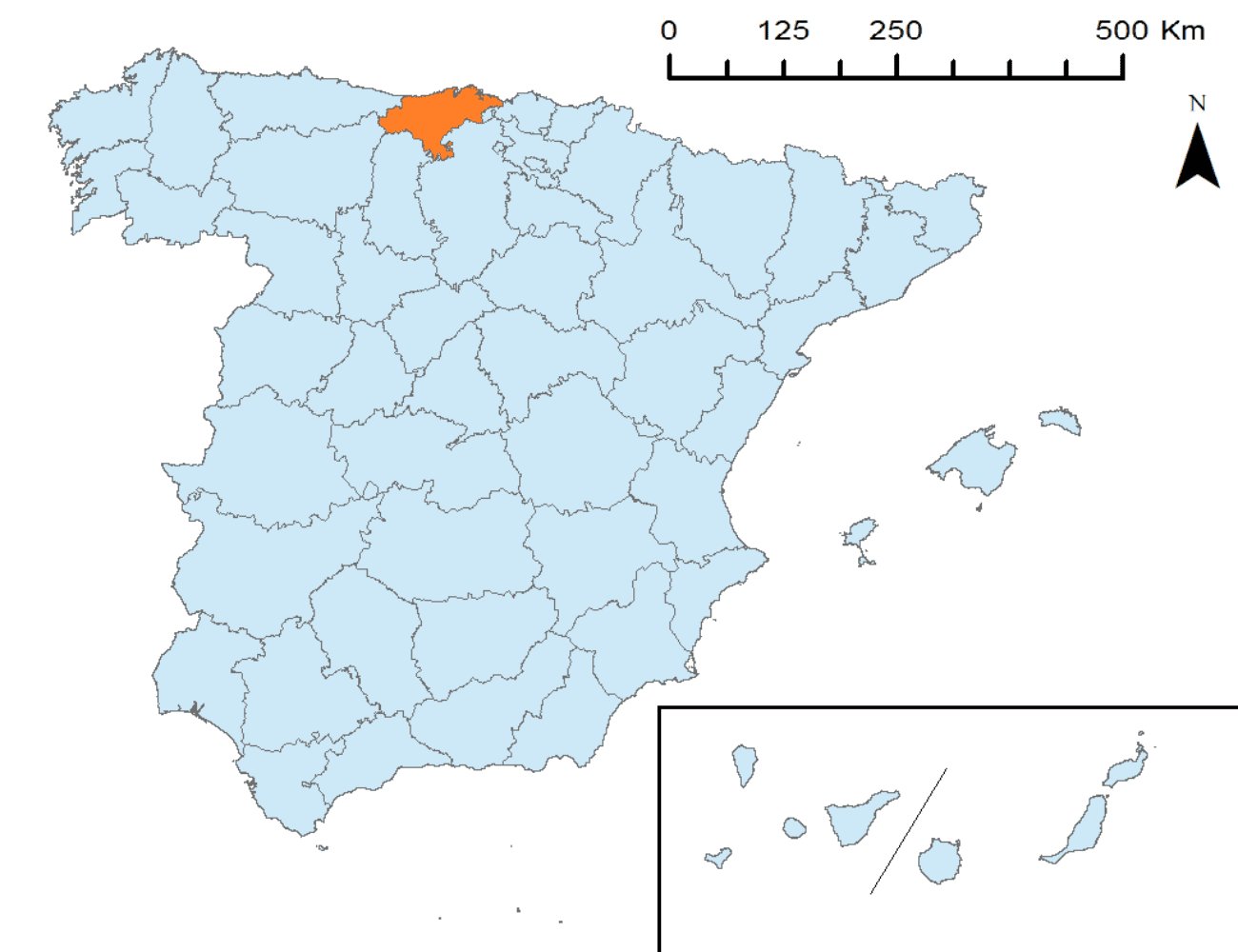 Mapa de la provincia de Cantabria señalada en naranja