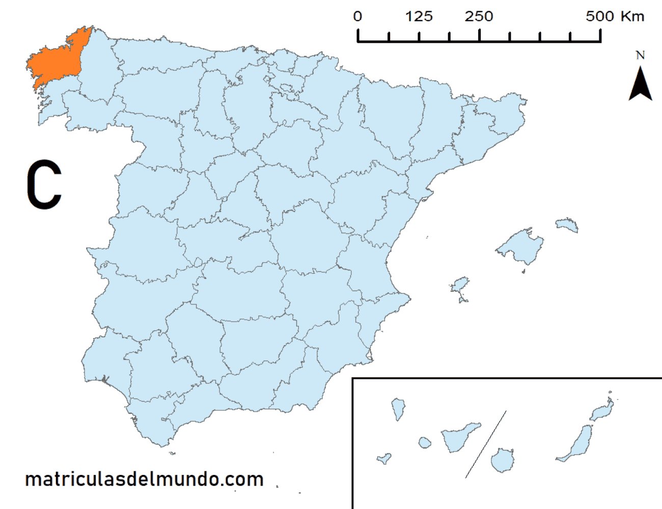 Mapa de la provincia de La Coruña señalada en naranja
