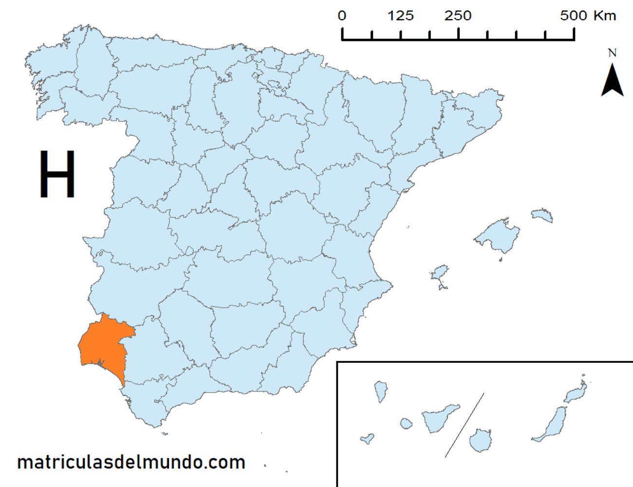 Mapa de la provincia de Huelva señalada en naranja