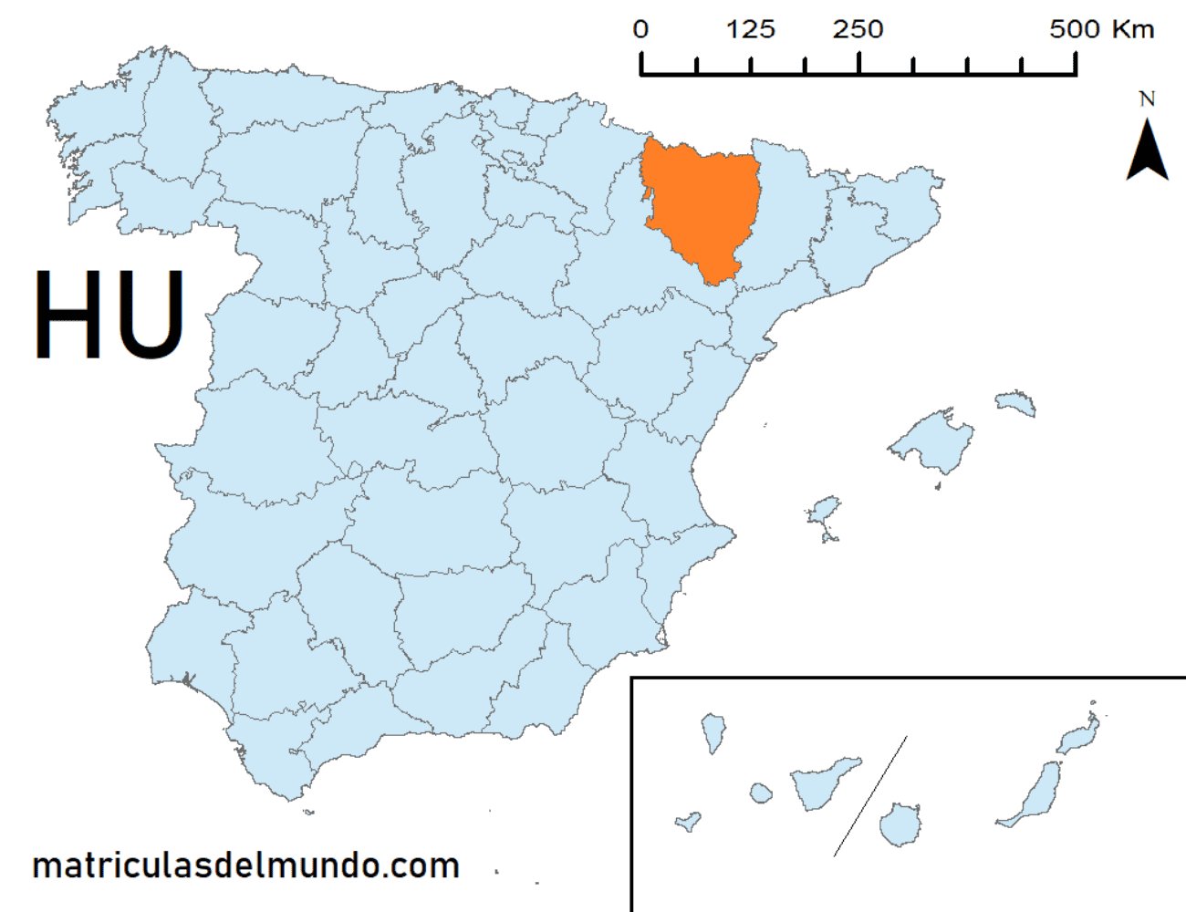 Mapa de la provincia de Huesca señalada en naranja