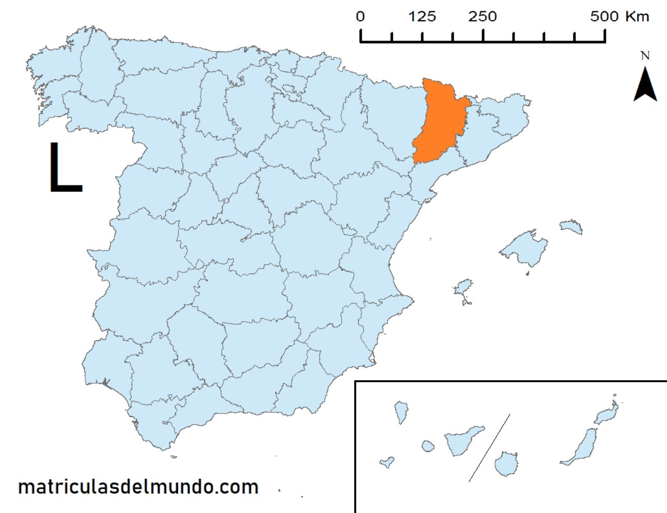 Mapa de la provincia de Lérida señalada en naranja