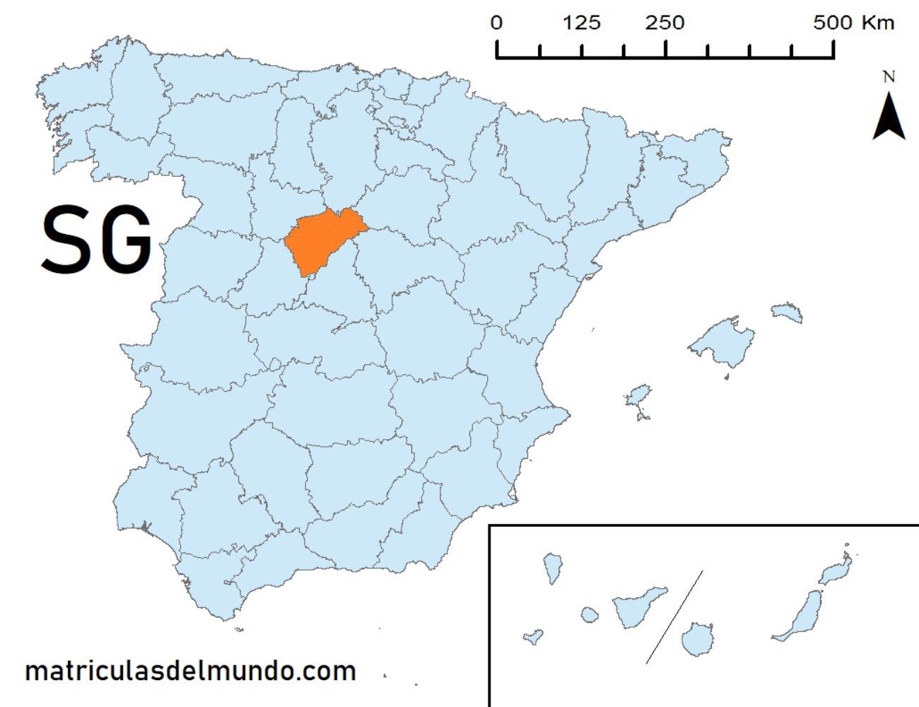 Mapa de la provincia de Segovia señalada en naranja