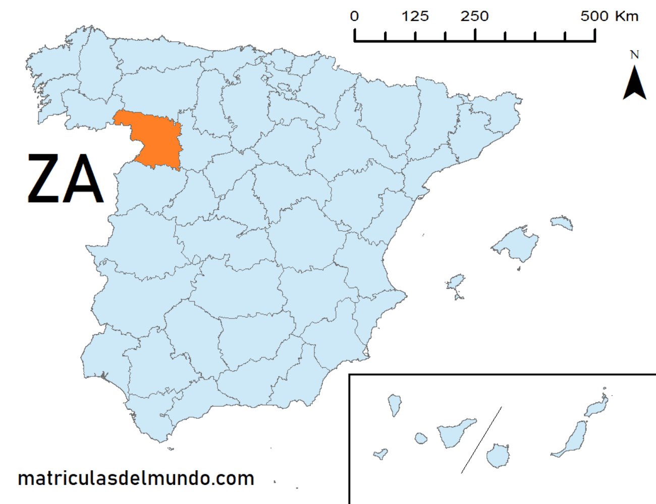 Mapa de la provincia de Zamora señalada en naranja