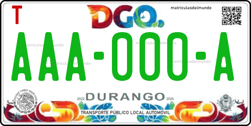 Placa de matrícula vehicular automovil mexicana de Durango