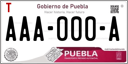 Placa de matrícula vehicular automovil mexicana de Puebla