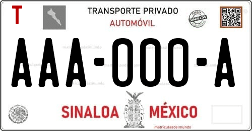 Placa de matrícula vehicular automovil mexicana de Sinaloa