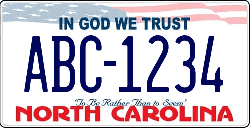 Matrícula de coche de Carolina del Norte actual con el diseño IN GOD WE TRUST