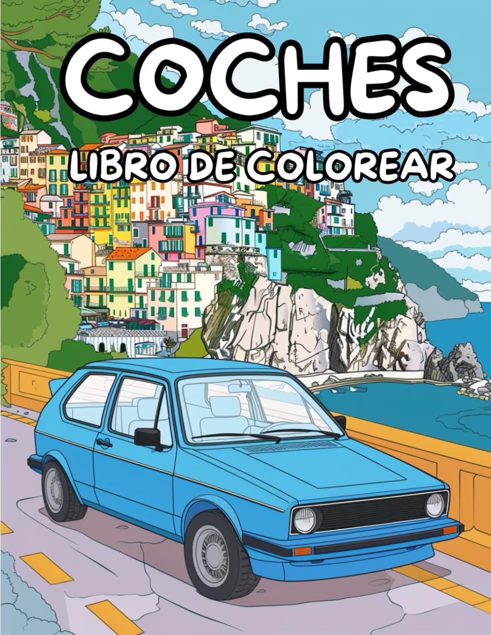 Portada de libro para colorear de Carlos Castrillo con coche azul realista