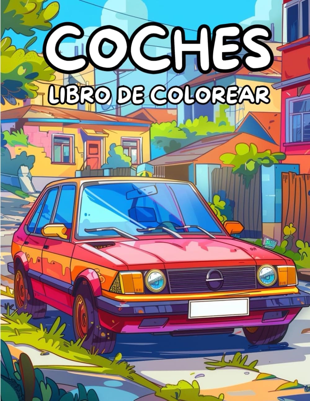 Portada de libro para colorear de Carlos Castrillo con coche rojo realista