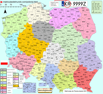 Mapa de matriculas por regiones y voivodatos de Polonia desde el 2001 actual y con detalles con colores