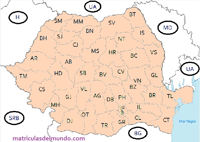 Mapa codigos matriculas Rumania
