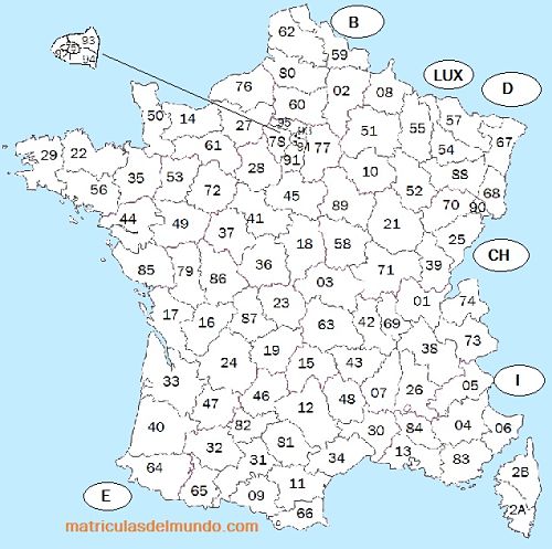 Mapa codigos departamentos matriculas Francia