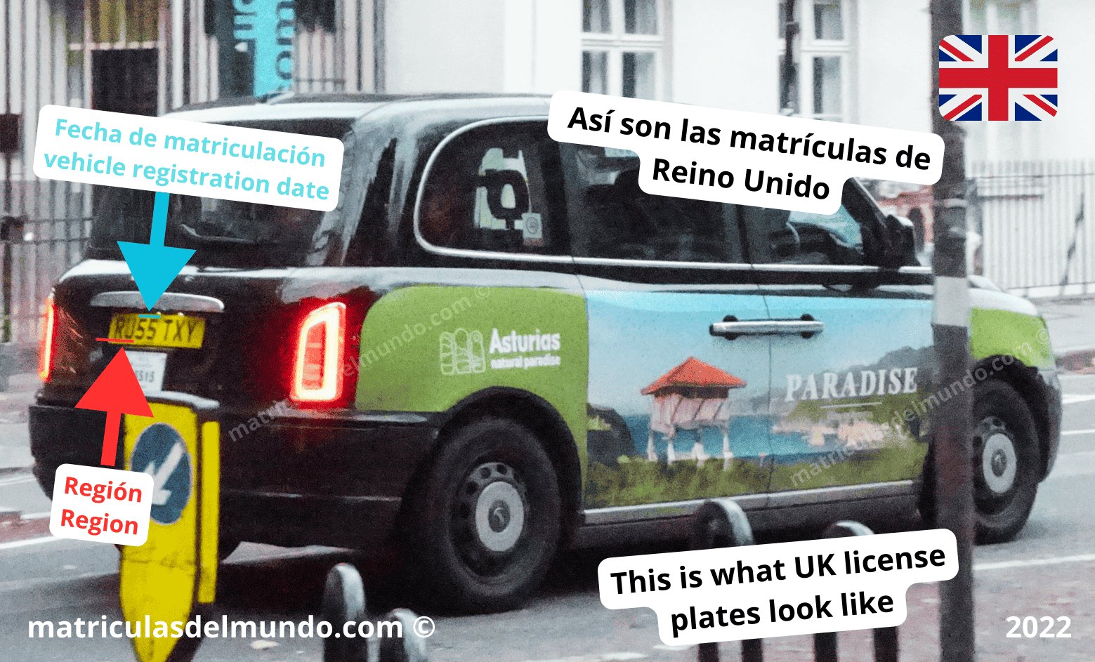 London taxi with an explanation of license plate origin and Asturias advertisement