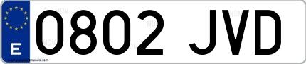Ejemplo de matrícula española 0802 JVD