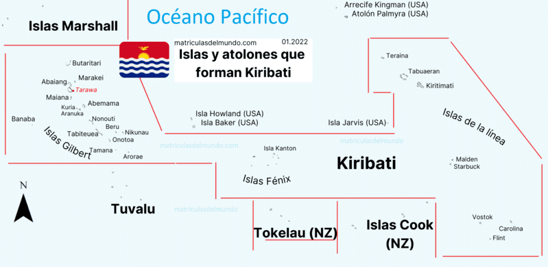 Mapa de matrículas de las islas y atolones que forman Kiribati