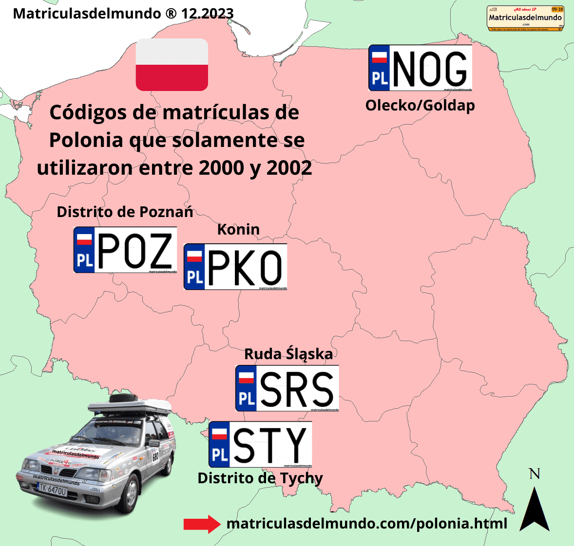 Mapa de las matrículas de coche de Polonia que ya no se utilizan y utilizaban bandera SRS, NOG, STY, POZ, PKO