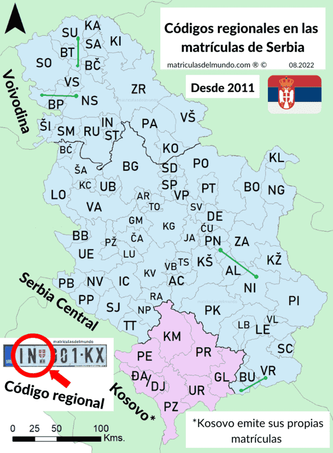 Mapa de los códigos de las matrículas actuales de Serbia y Kosovo