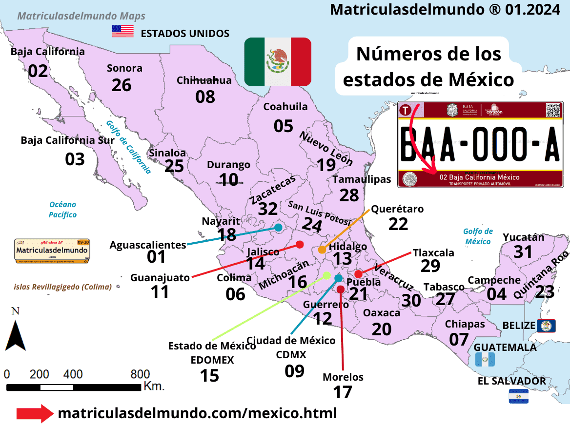 Mapa de los estados de México y los números asignados a las placas de matricula