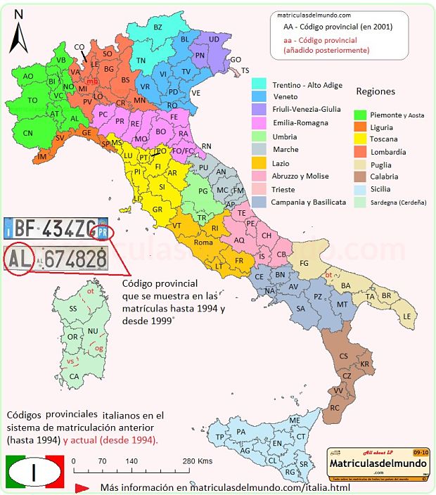 Mapa de los códigos regionales en las matrículas de Italia