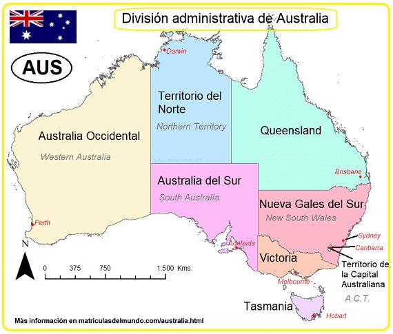Map of Australian states and territories in Spanish and English with capitals