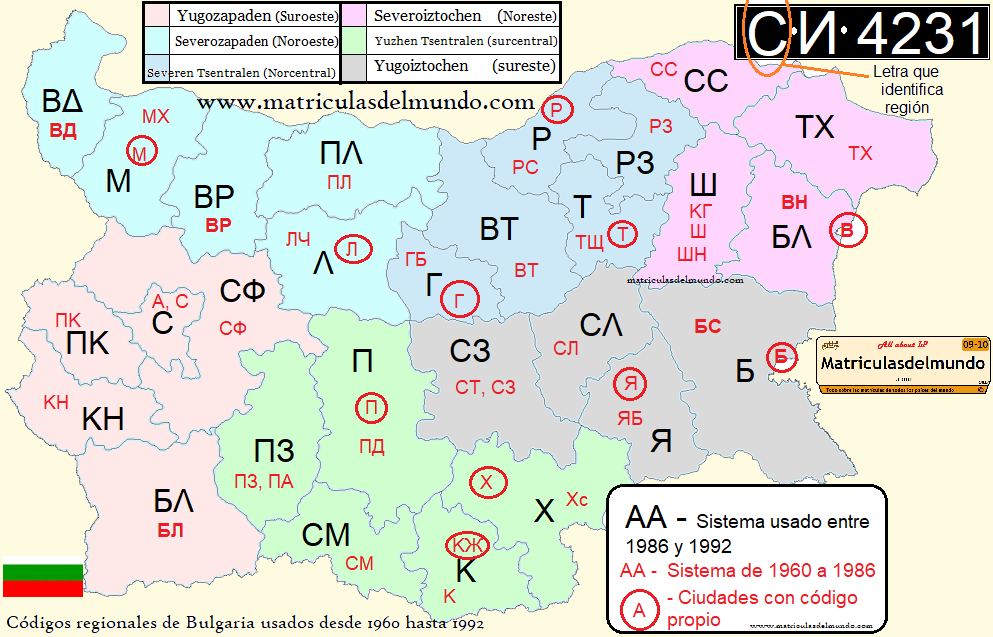 Mapa matriculas Bulgaria antiguo 1960-1992