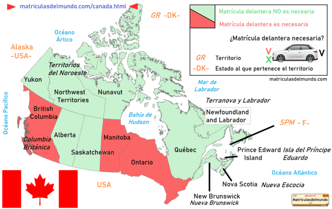 Mapa de provincias y matrículas de Canadá en inglés y español