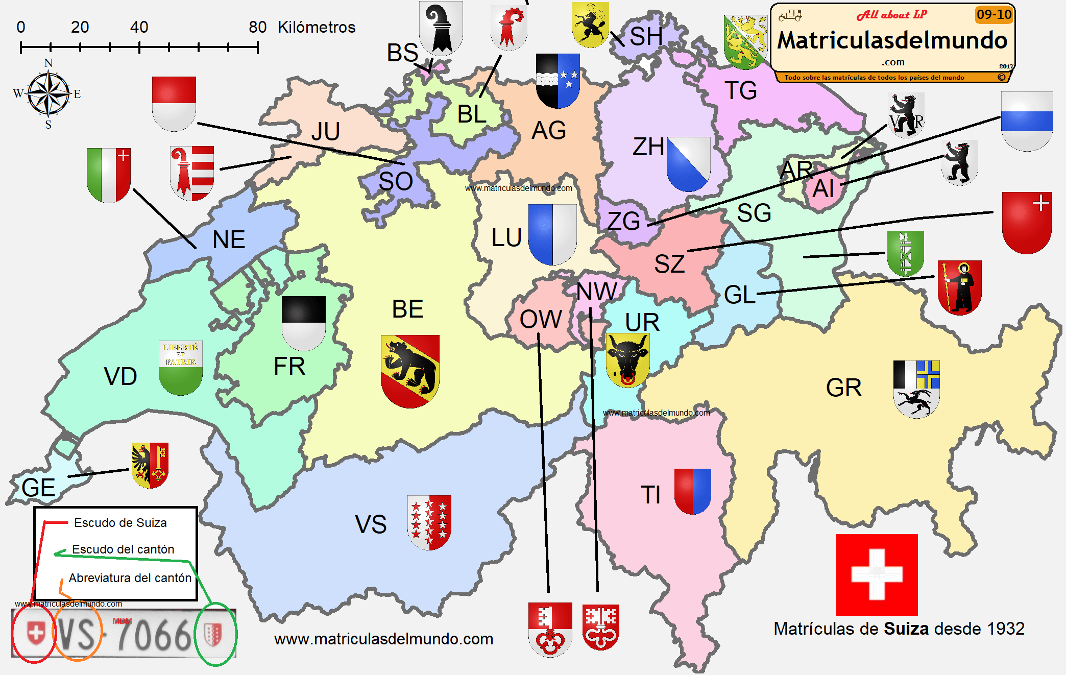 mapa por cantones y regiones de Suiza con todo detalle; sus escudos y abreviaturas