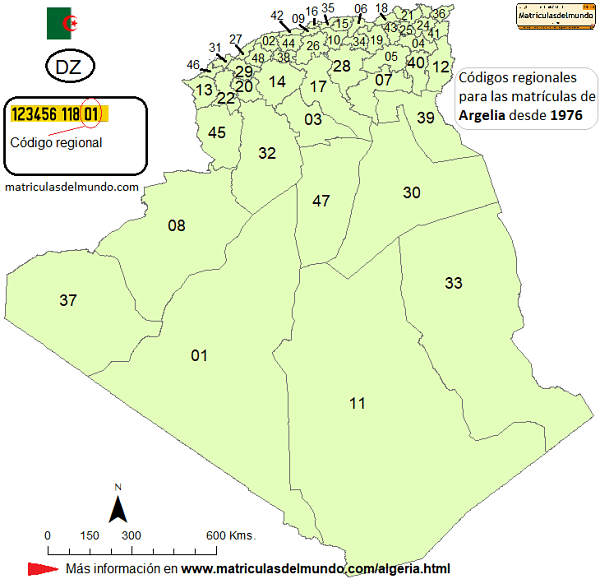 Mapa matriculas Argelias por codigos ordenados y con ubicacion