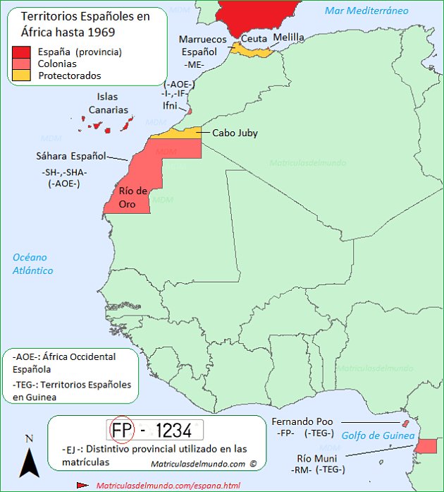 Map of Spanish license plates for cars in African territories