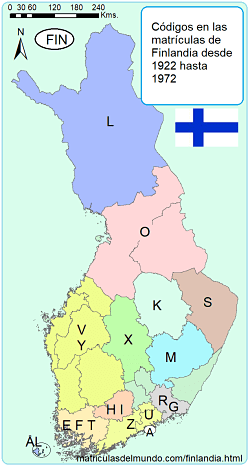 mapa de las matriculas de Finlandia antiguas entre 1922 y 1972 con imagenes y ejemplos