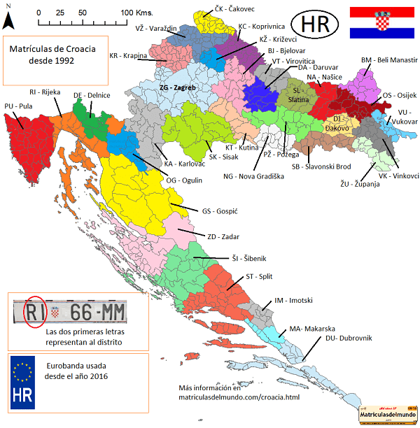 Mapa por regiones de las matriculas de Croacia