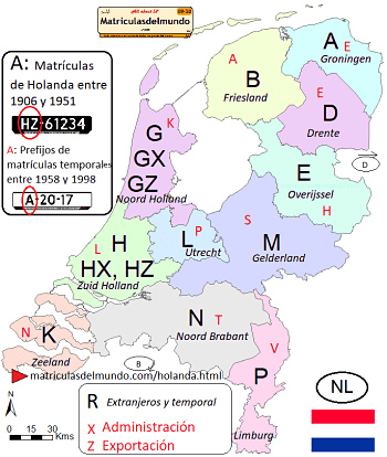 Mapa codigos matriculas Holanda sistema antiguo primera letra identifica a la region. En negro con letras blancas