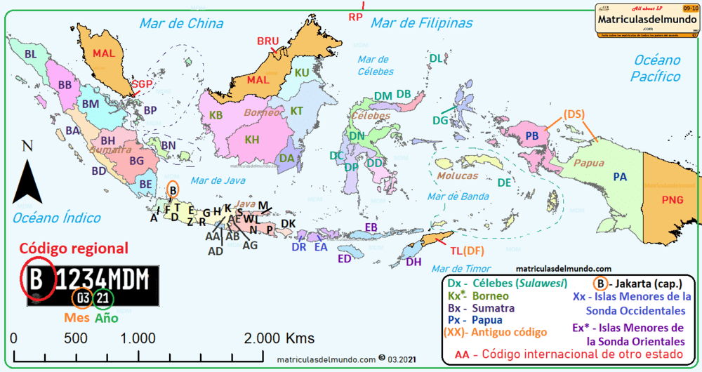 Mapa actual de matriculas de coches de Indonesia y codigos regionales