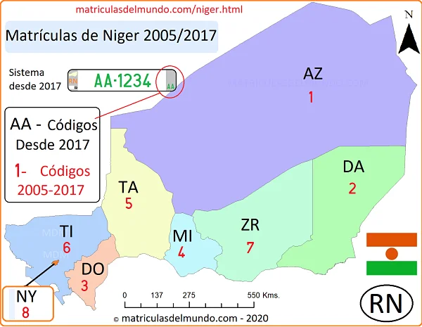 Mapa codigos matriculas Niger actuales