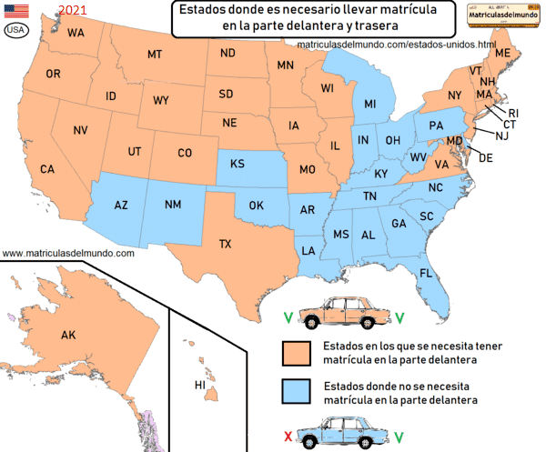 mapa por regiones de estados unidos si pueden llevar o no matricula en la parte delantera. Pueden llevar matricula delante estados Unidos